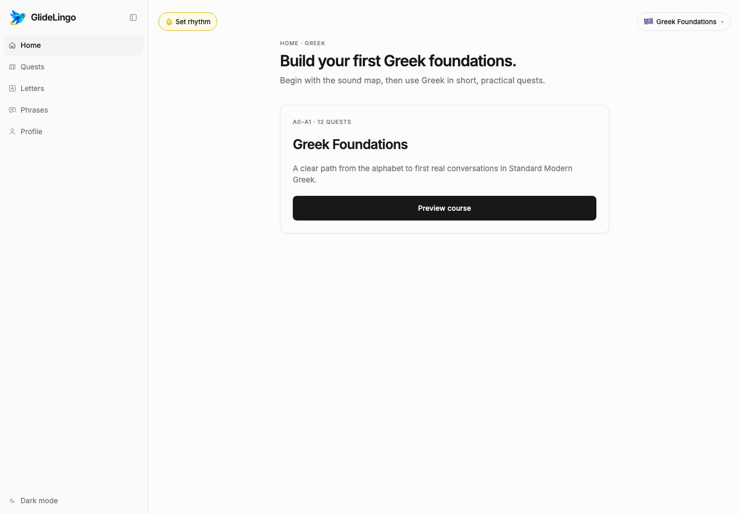 GlideLingo showing the Greek Foundations course and its focused lesson path